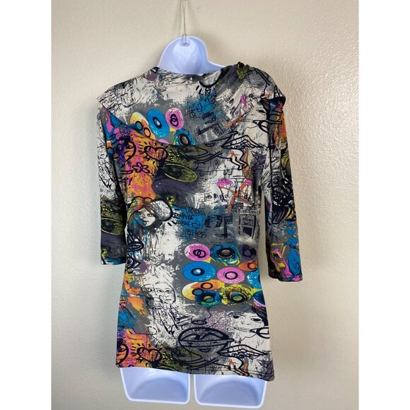 Joseph Ribkoff Abstract Graffiti Art Tunic Top size 12 Asymmetrical Button Boho - Picture 2 of 16